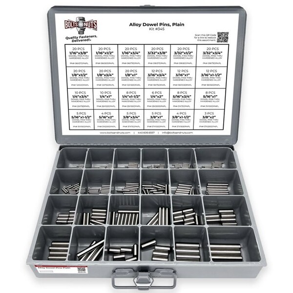 Boltsandnuts.Com Plain Finish Hardened Alloy Dowel Pins Assortment - 293 PCS Assortment Kit #345 - main